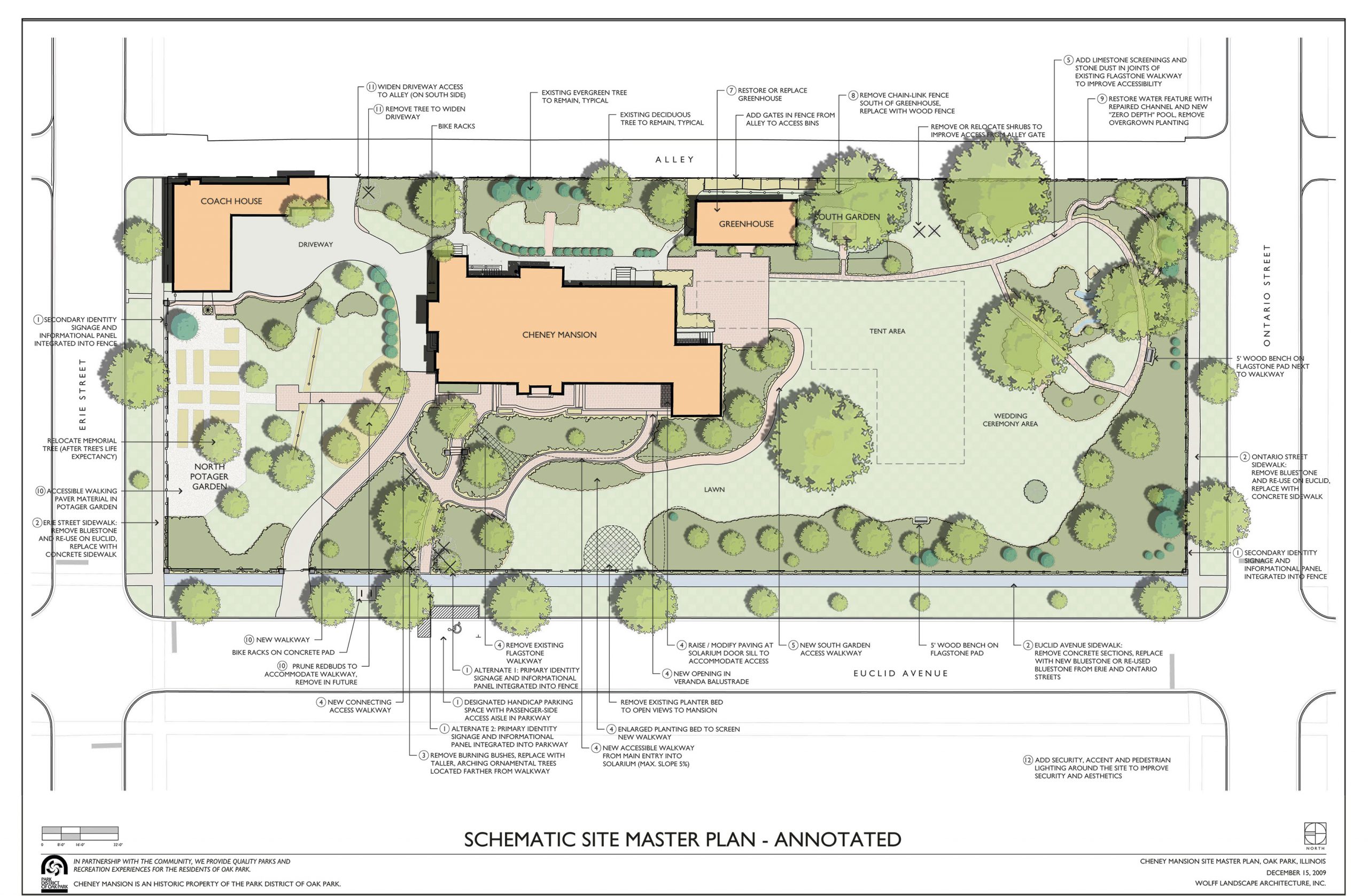 Schematic site master plan for Cheney Mansion, showing proposed landscape and access improvements, including new walkways,